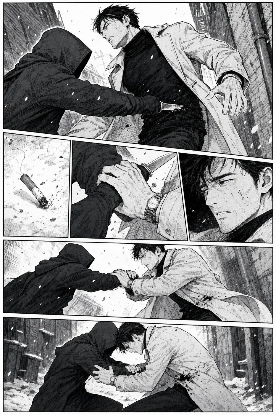 Black and white manga action line art page