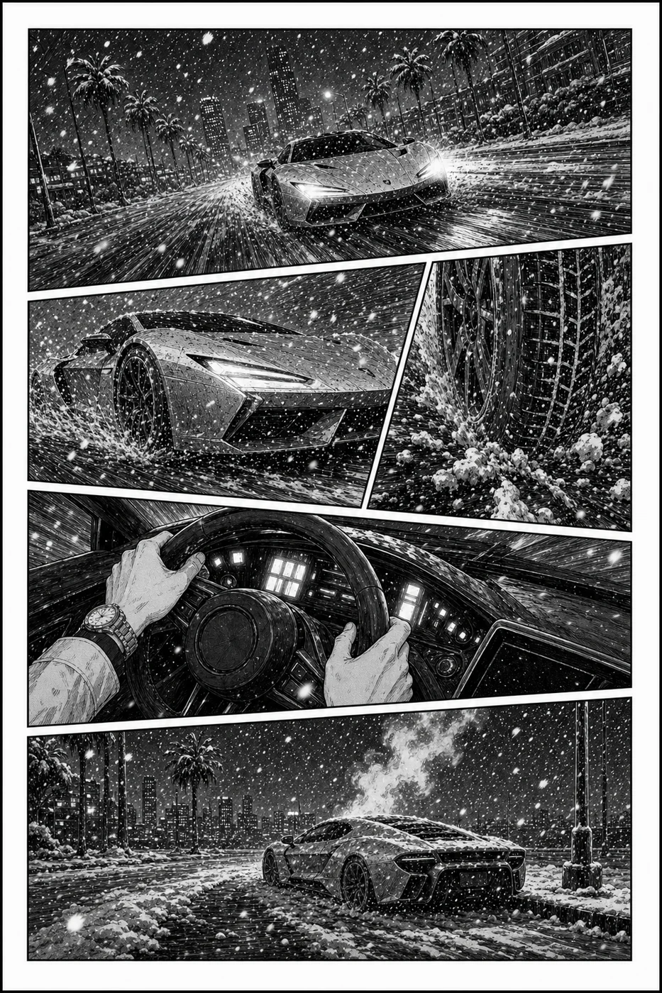 Black and white manga supercar panel page